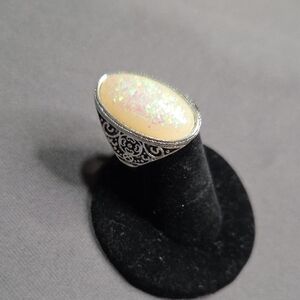 Intricate Silver and Cream Oval Ring